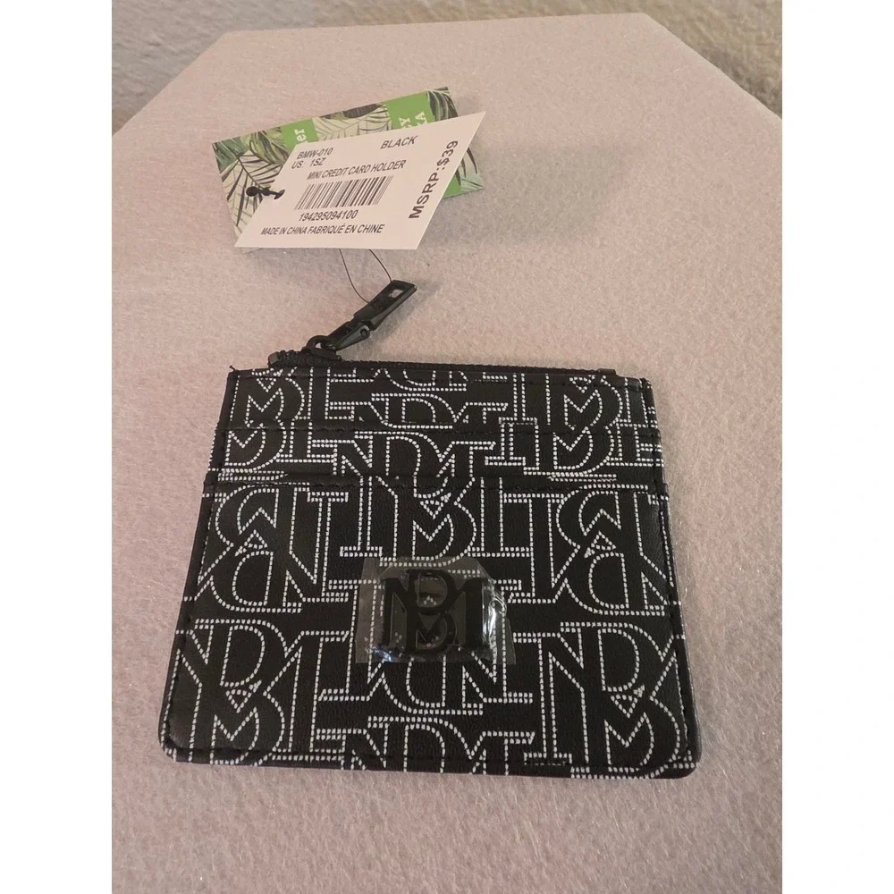 Badgley Mischka Mini Credit Card Holder Black White Vegan Leather BMW-010 NEW